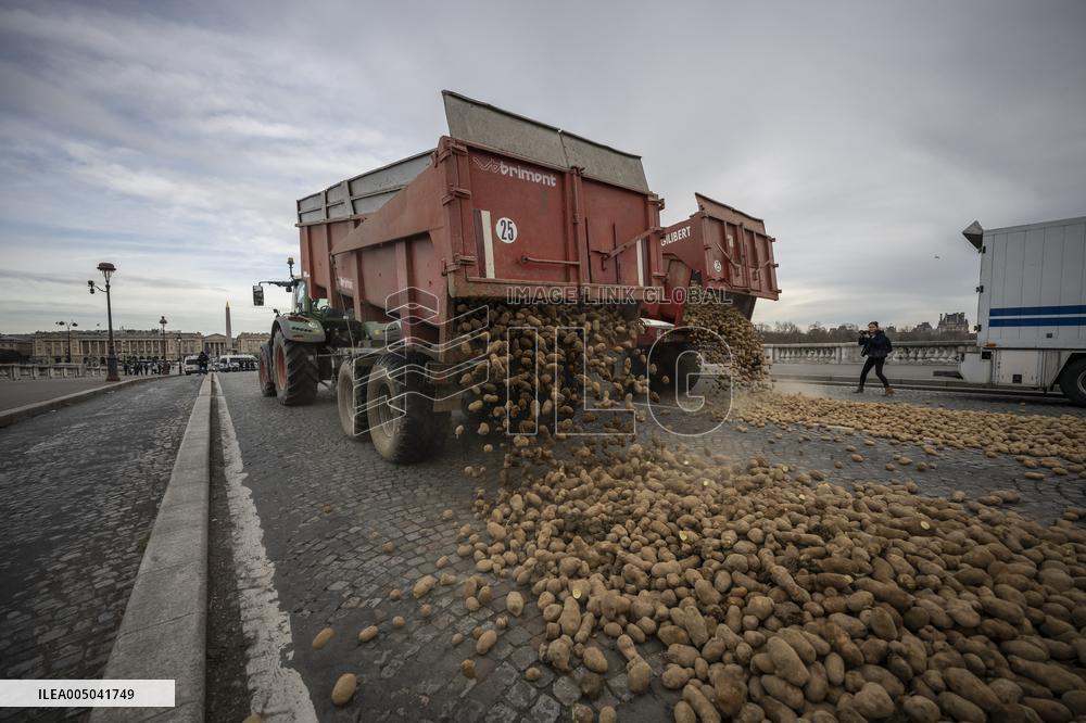 Farmers Dump 30 Tonnes of Potatoes on The Concorde Bridge - Paris