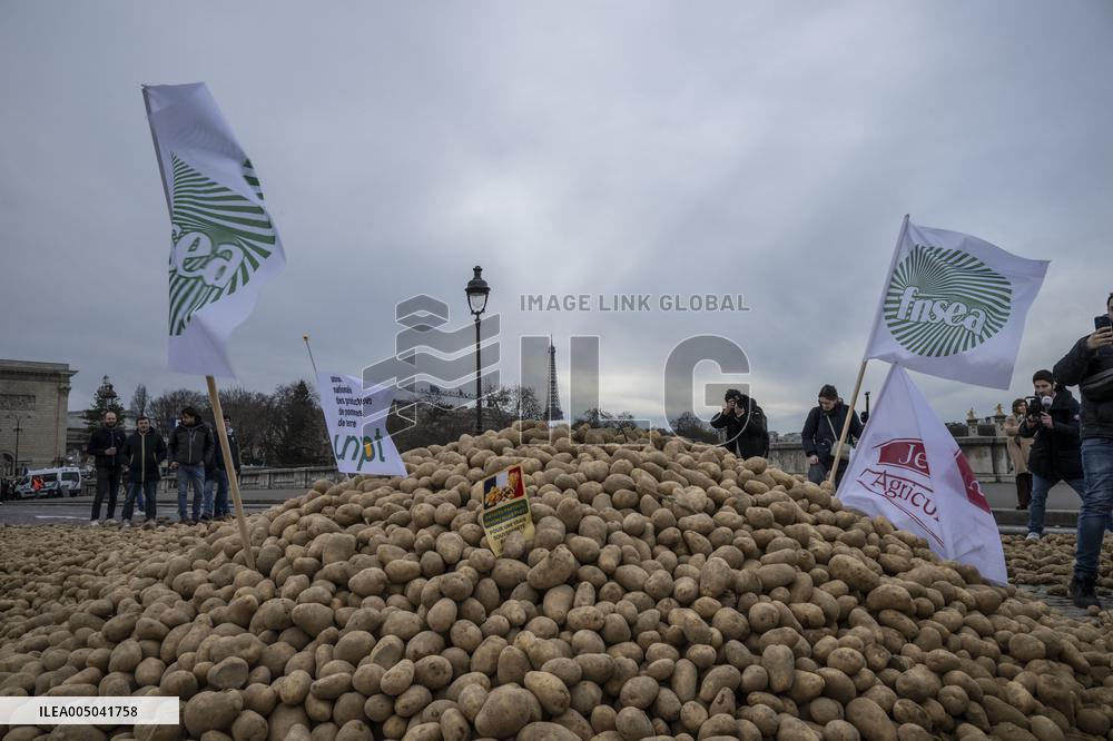 Farmers Dump 30 Tonnes of Potatoes on The Concorde Bridge - Paris