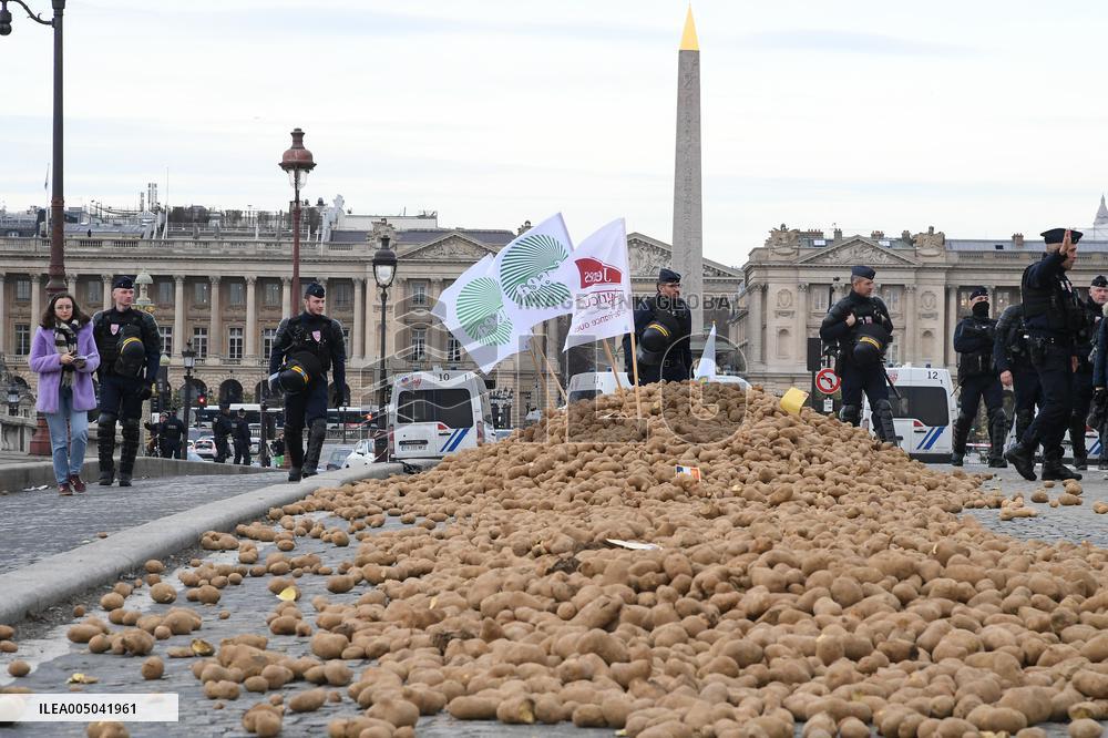 Farmers Dump 30 Tonnes of Potatoes on The Concorde Bridge - Paris