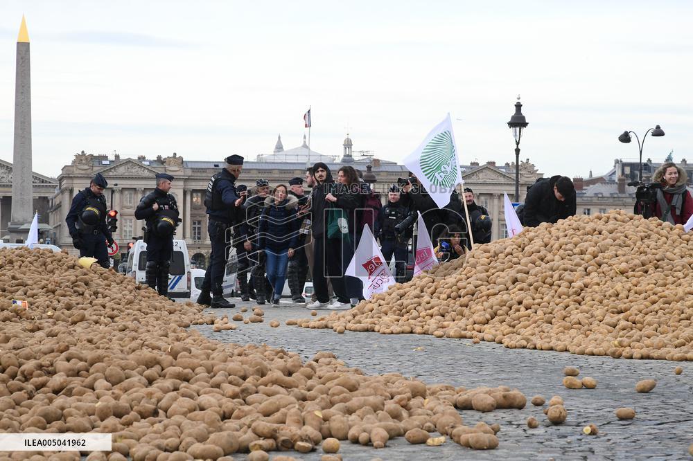 Farmers Dump 30 Tonnes of Potatoes on The Concorde Bridge - Paris