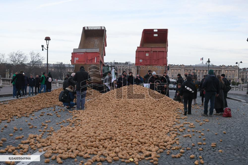 Farmers Dump 30 Tonnes of Potatoes on The Concorde Bridge - Paris