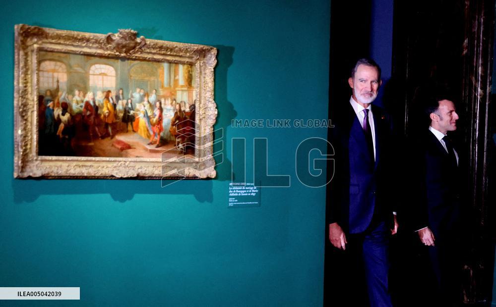 President Macron and King Felipe VI Visit an Exhibition at The Chateau de Versailles - Versailles