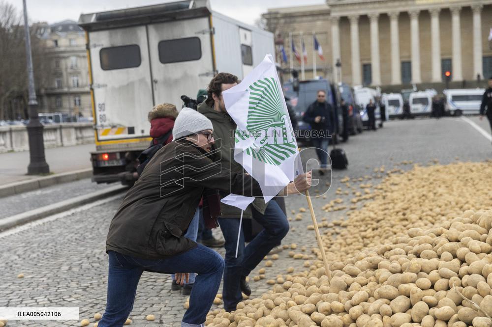 Farmers Dump 30 Tonnes of Potatoes on The Concorde Bridge - Paris