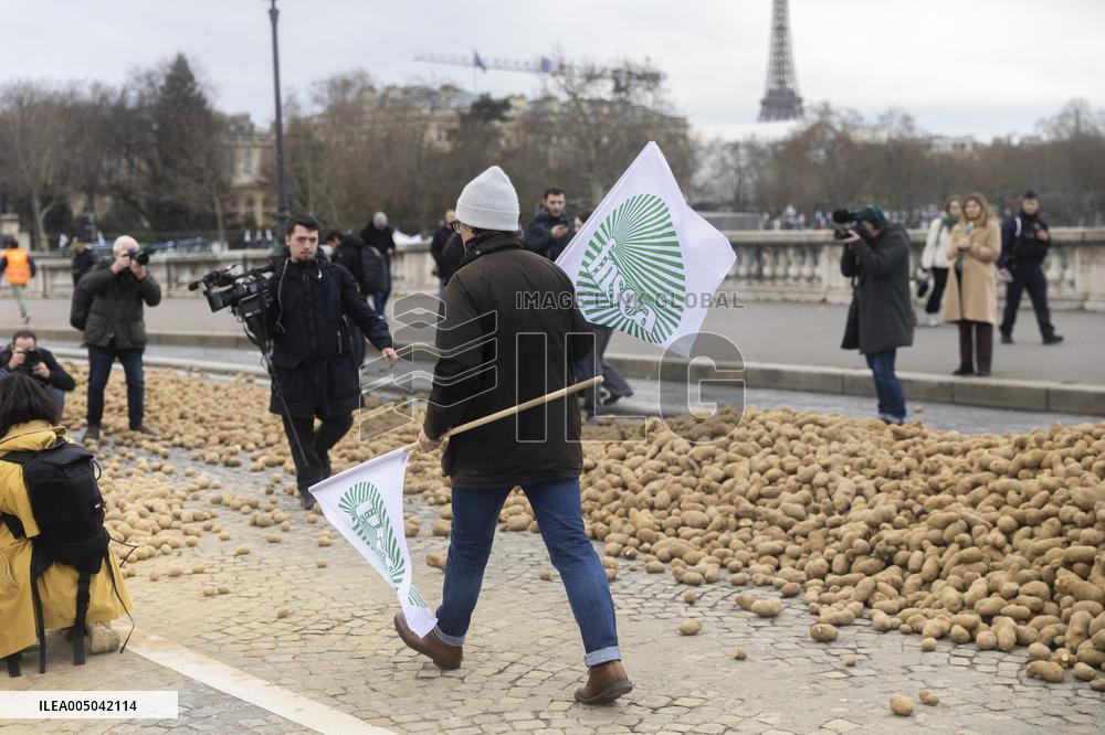 Farmers Dump 30 Tonnes of Potatoes on The Concorde Bridge - Paris