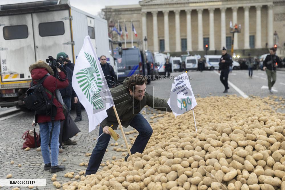 Farmers Dump 30 Tonnes of Potatoes on The Concorde Bridge - Paris