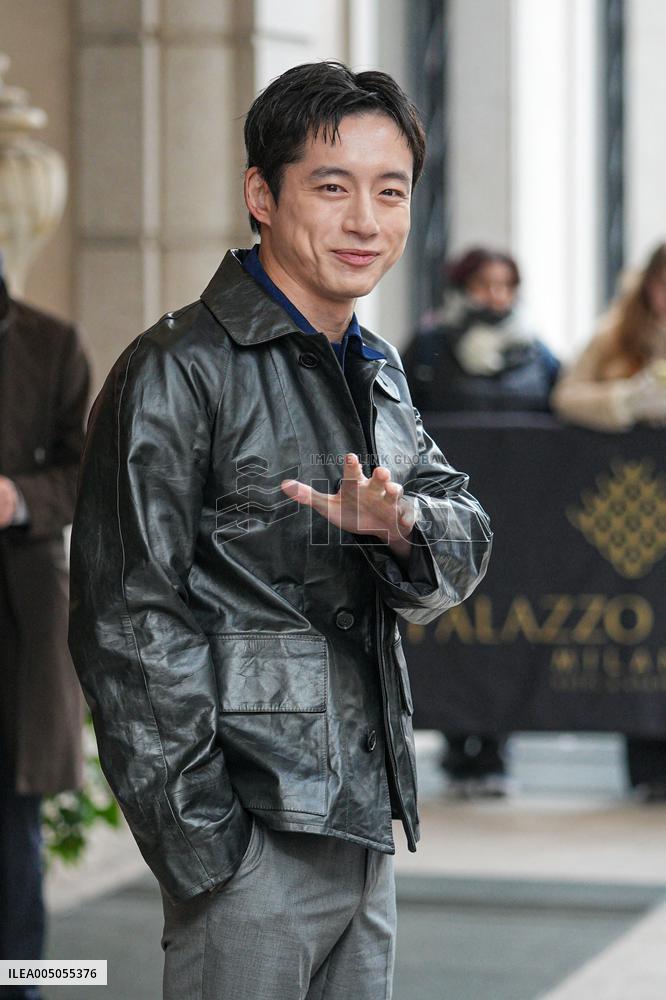 MFW - Celebs Leaving Hotel Paris To Attend Prada Show