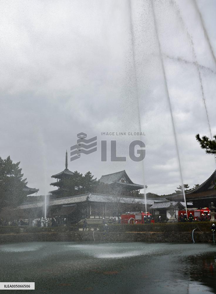 Fire drill at Horyu-ji temple
