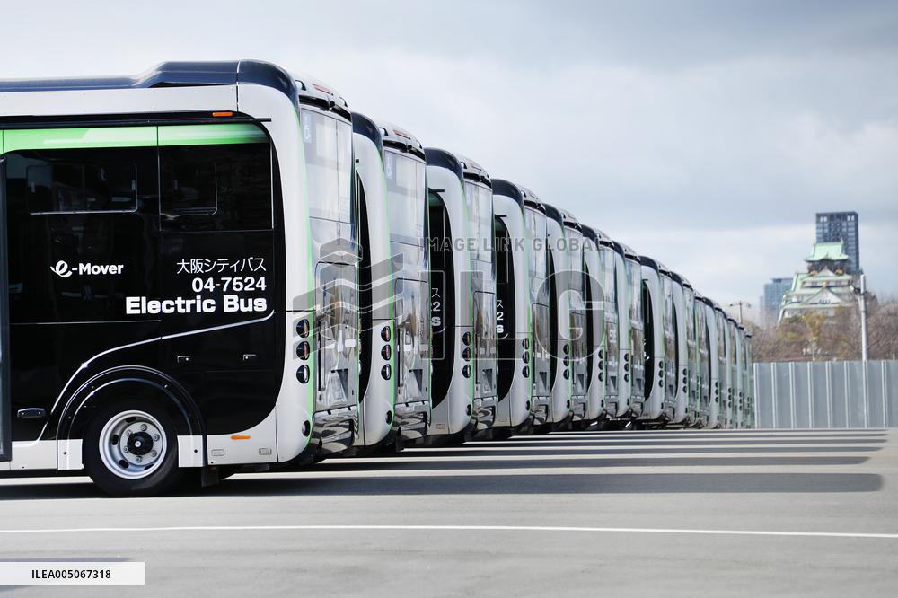 Approximately 150 EV buses gathered at a vast site in Morinomiya, Osaka.