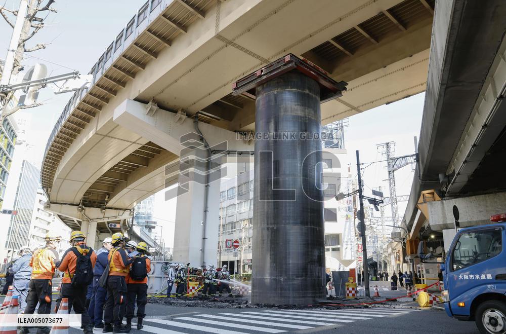 Giant pipe protrudes at construction site in Osaka