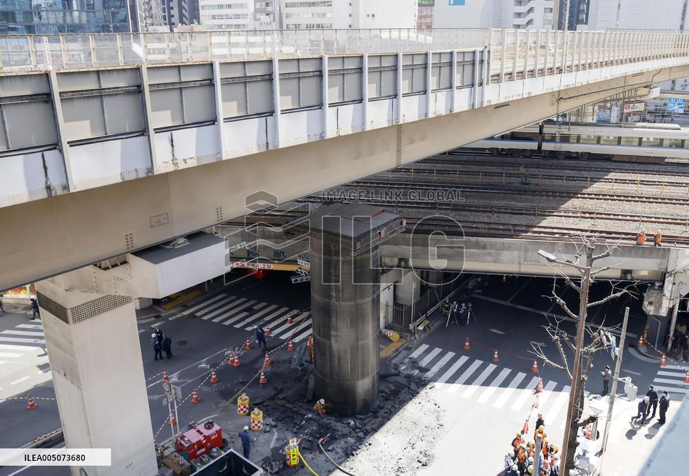 Giant pipe protrudes at construction site in Osaka