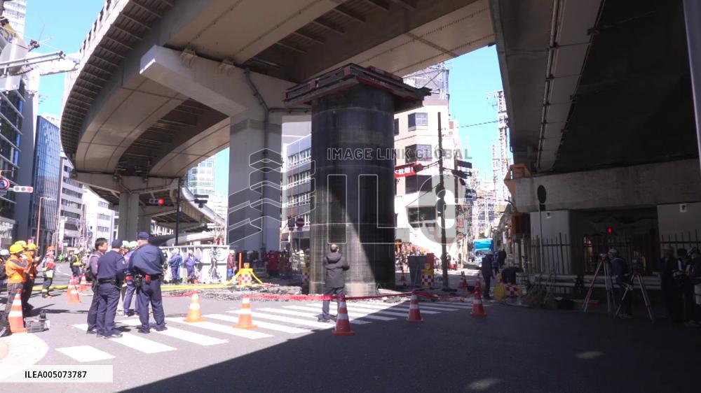 Giant pipe protrudes at construction site in Osaka