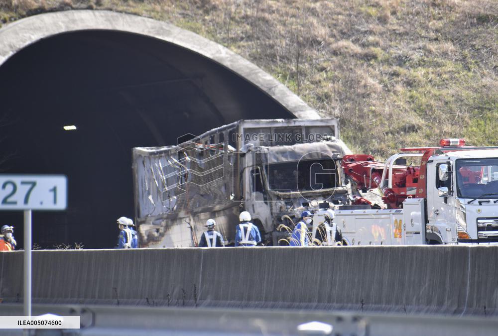 Multivehicle accident inside expressway tunnel in central Japan