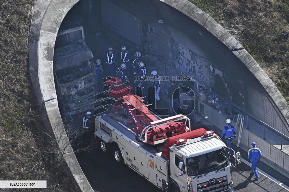 Multivehicle accident inside expressway tunnel in central Japan