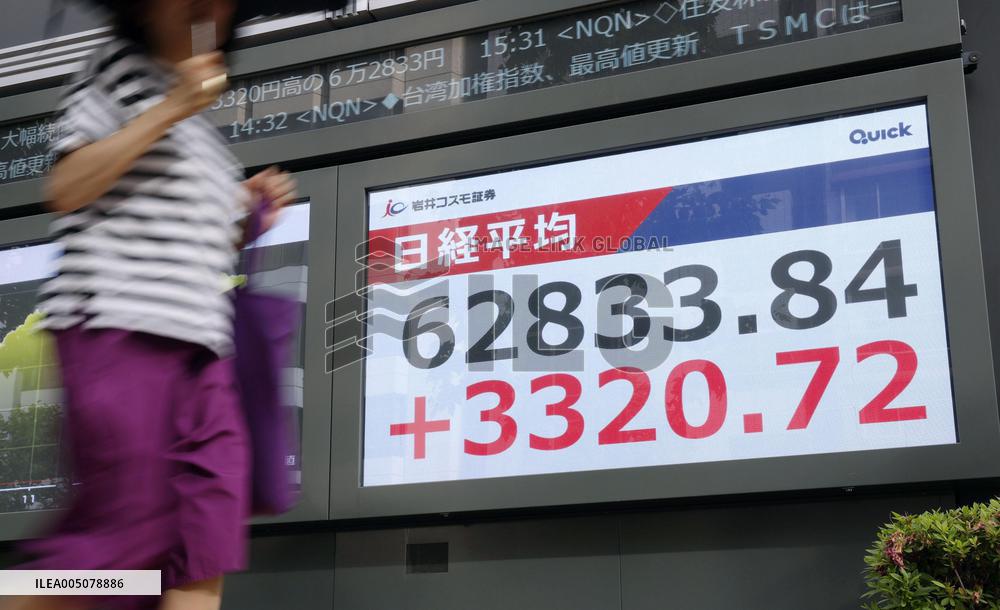 Nikkei ends at record high above 62,000