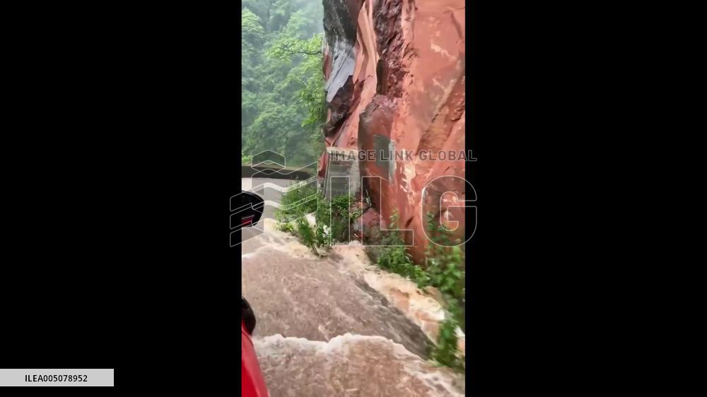 China: Intense Rainfall Triggers Cliff Waterfall Along Hunan Mountain Road