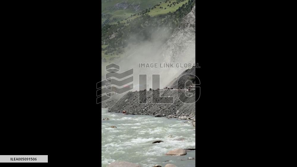 China: Massive Boulder Rolls Into River During Landslide in Tibet