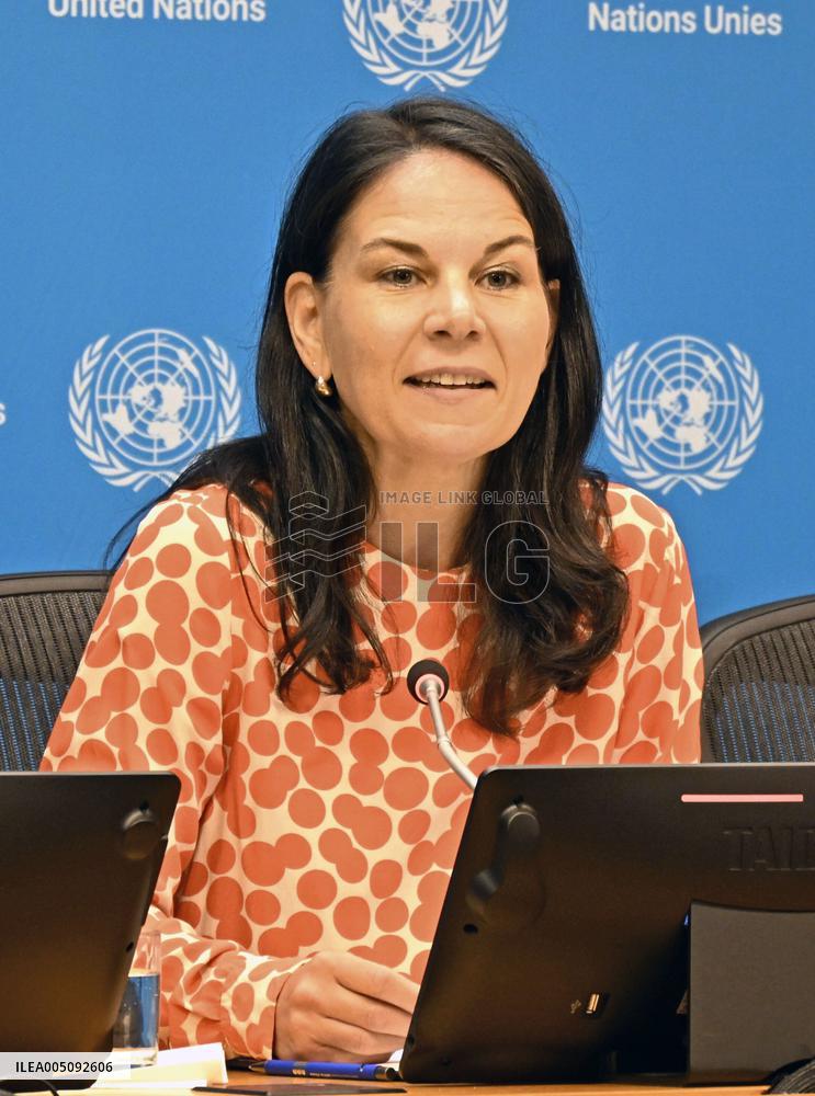 U.N. assembly president Baerbock at press conference